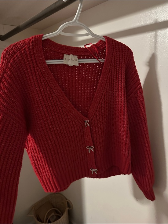 Pink Rose Sweaters - Pink Rose Bright Red V-Neck Cropped Knit Cardigan with Bow Buttons